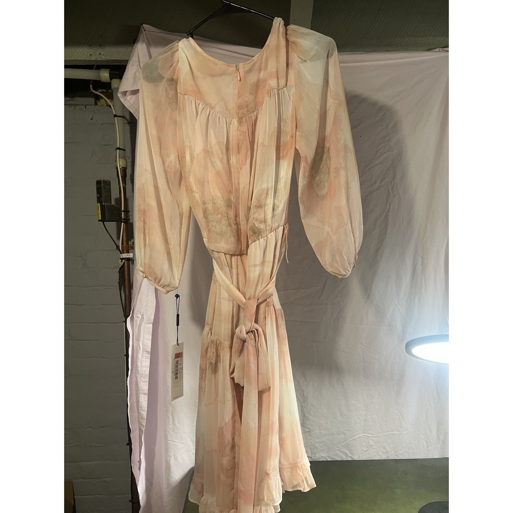 Calvin Klein Size 6 Peach Crinkle Gauze Ruffle Dress 3/4 Sleeve Fit Flare NWT